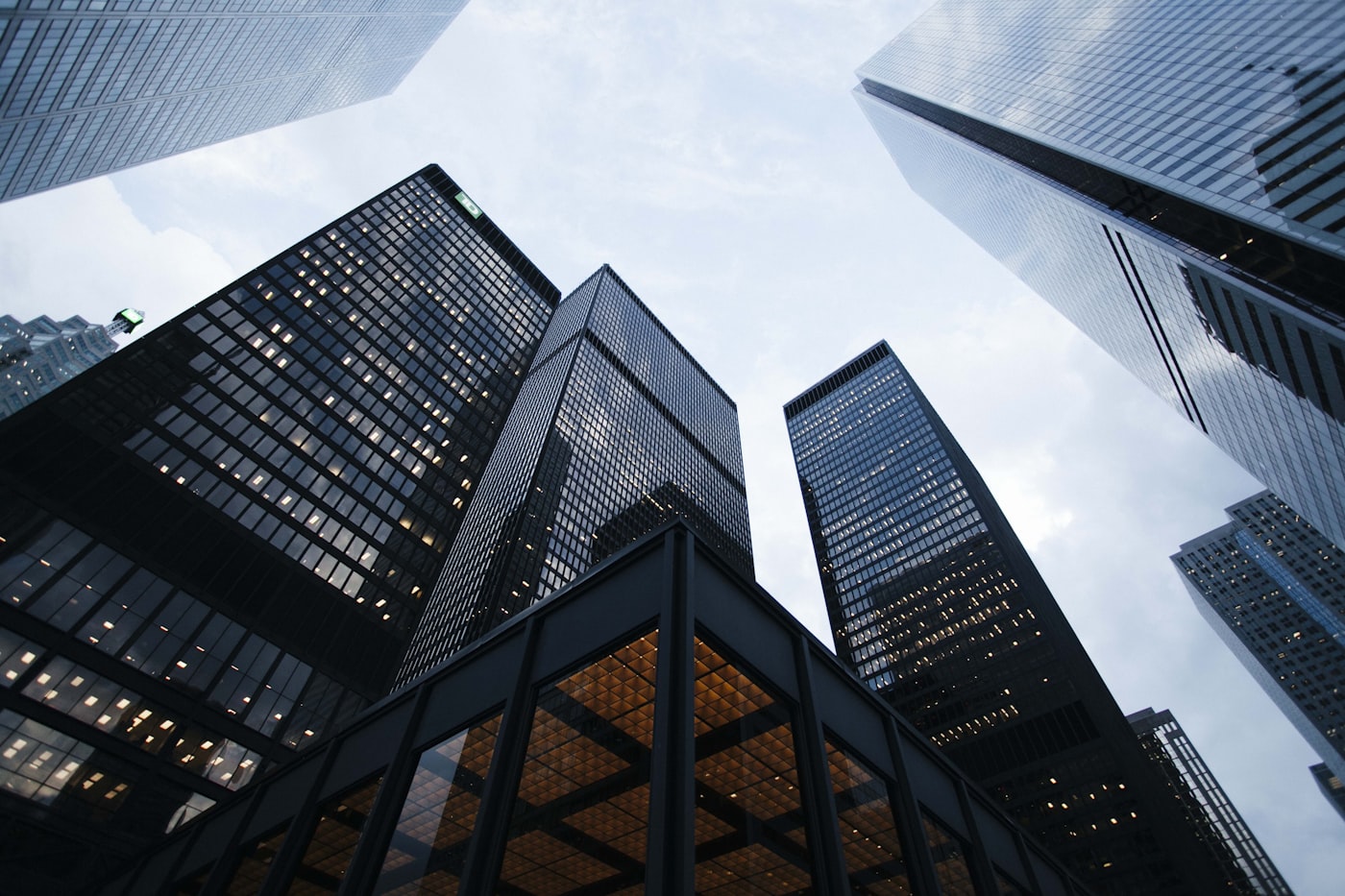 Cluster of downtown commercial towers seen from below