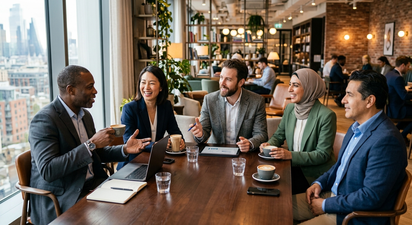 A group of professionals in conversation over coffee in a bright lounge